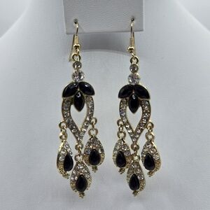 Charming Charlie Crystal Chandelier Earrings Black Clear Gold